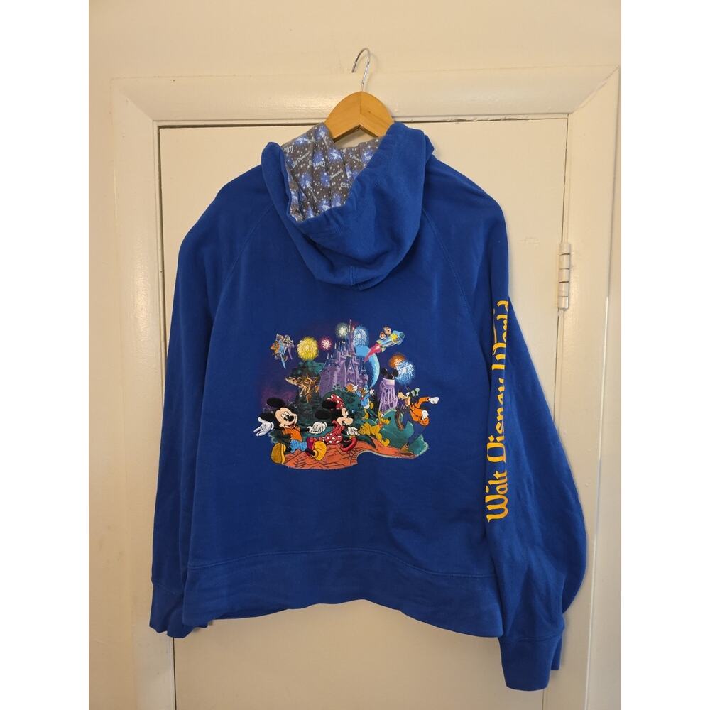 Walt Disney Parks Hoodie Sweatshirt Embroidered Mickey & Gang Zip Sz L Spell Out